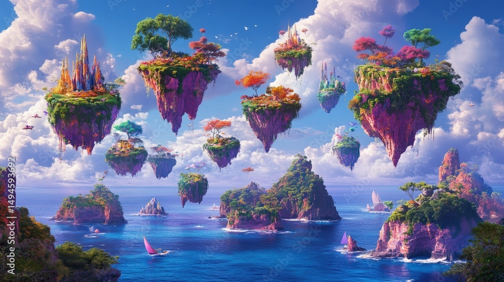 Fototapeta premium Vibrant floating islands, lush greenery, and sailboats dot a dreamy seascape under a bright sky