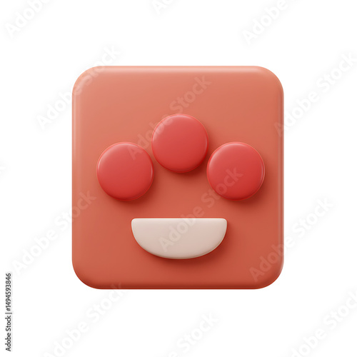 Playful 3d render of a smiling face with round eyes and a curvy mouth on a coral square