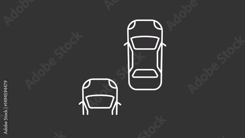 Blind spot monitoring white line animation. Vehicle sensor device detecting cars side and rear animated icon. Driving safely technology. Isolated element on dark background. Alpha transparent video