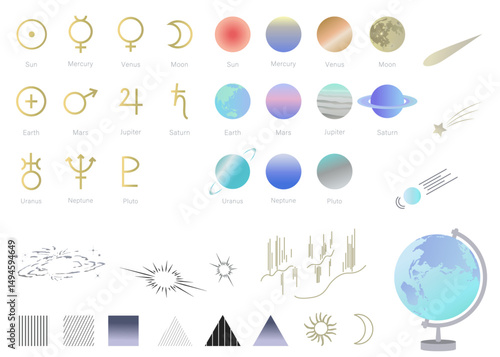 宇宙をイメージしたイラストセット　惑星記号　太陽系惑星　挿絵　背景イラスト　太陽　月　地球　惑星