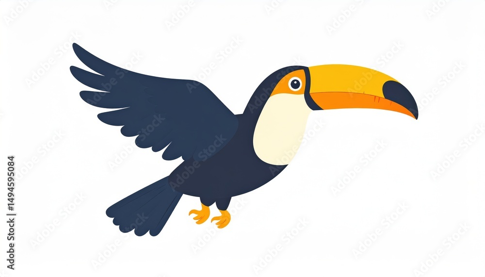Fototapeta premium Colorful toucan in flight against a plain backdrop.