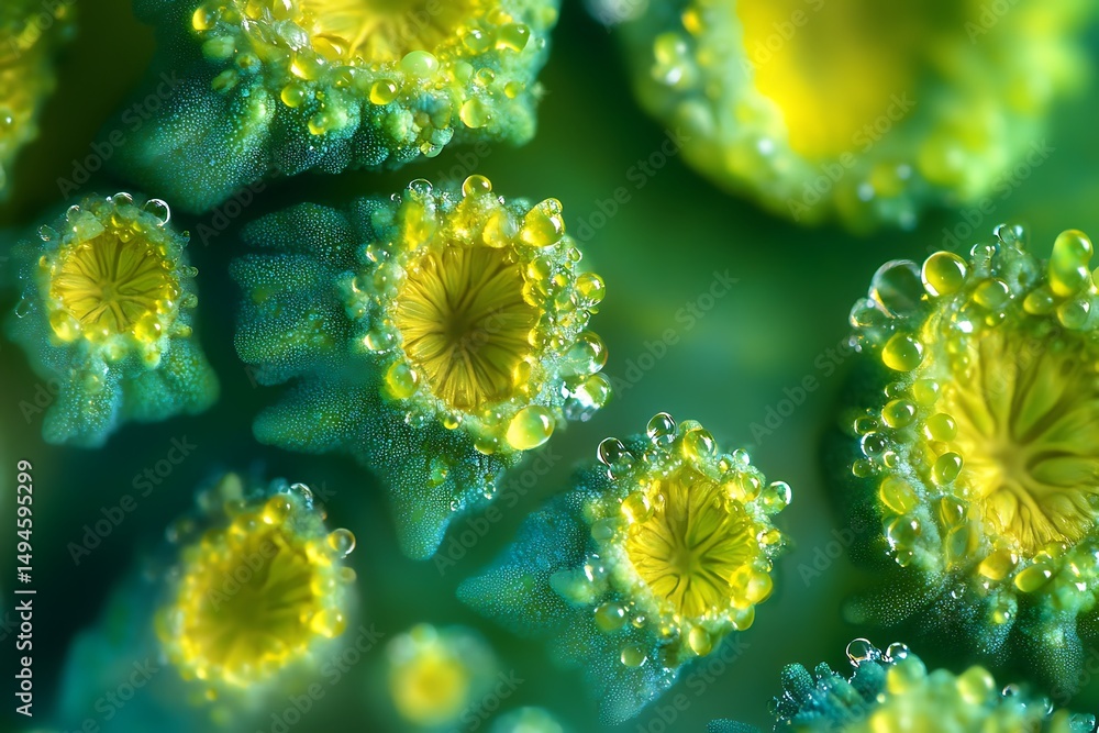 A close up of yellow flower buds covered in water droplets with a vibrant green background showing detail A close up of yellow flower buds covered in water droplets with a vibrant green background showing detail