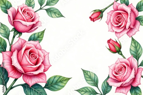 Delicate watercolor roses, lush leaves, repeating motif, blossom, botanical illustration, design