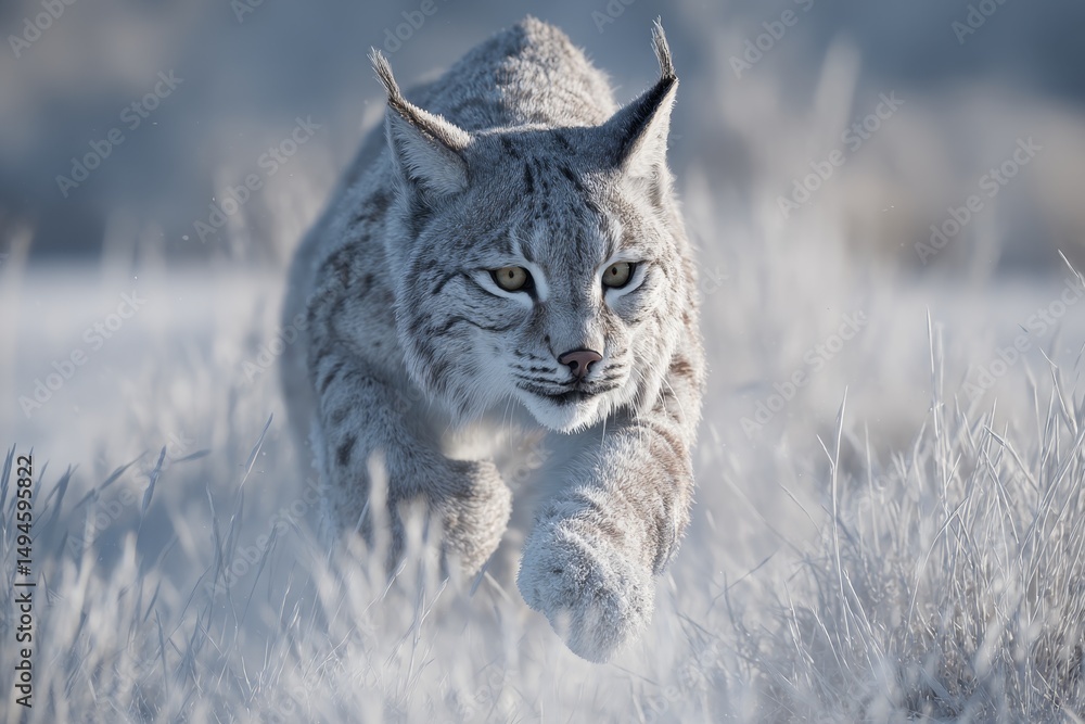 Obraz premium Majestic Lynx in Winter Landscape, Captivating Hunting Stance Amidst Snow-Covered Grassland and Frosty Background