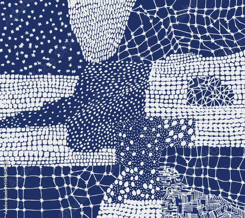 Hand drawn brush lines and paint daub abstract sashiko patchwork stitching pattern, Japanese folk wood carving, embroidery texture background in traditional white and blue, simple graphic for textile
