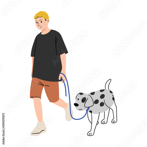 Man leashing dog vector design on white background illustration for cliparts, sticker, print, pet shop.