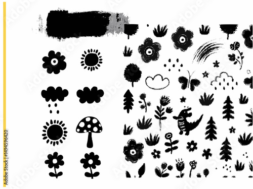 Seamless black ink blot animal footprint and floral leaf element vector icon set pattern design illustration