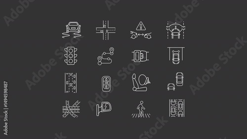 Driving safety animation set. Warning about accidents risk on road animated white line icons. Traffic regulation system. Transportation. Isolated elements on dark background. Alpha channel HD video