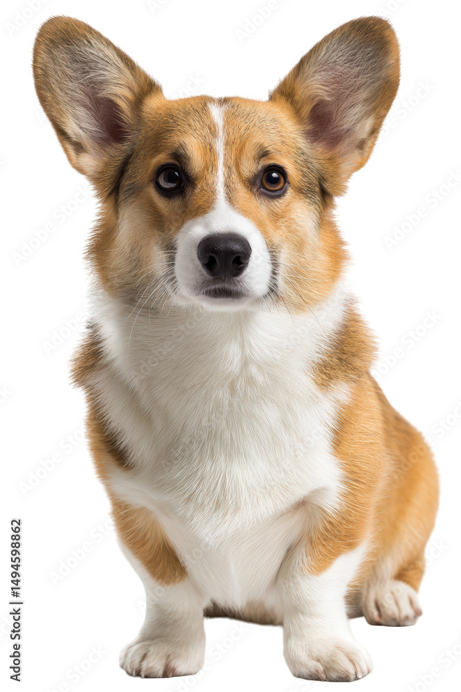 Corgi dog with funny look, ears up, sitting in pure transparency background, showcasing its adorable features and playful personality. This half body shot captures essence of this charming breed Corgi dog with funny look, ears up, sitting in pure transparency background, showcasing its adorable features and playful personality. This half body shot captures essence of this charming breed