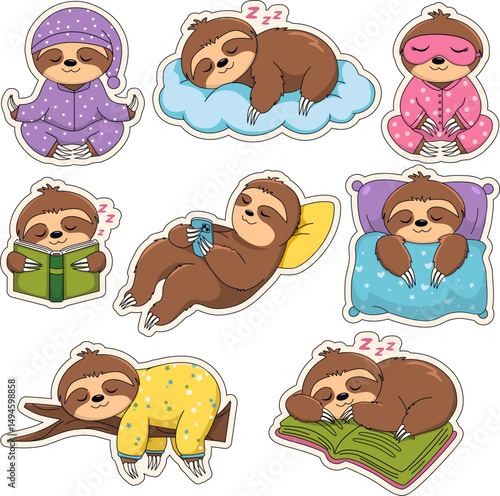 Cute sloth sticker pack with cozy bedtime activities. Funny sleeping animal characters in pajamas and relaxing poses. Vector set for planners, scrapbooking, and mood journals.