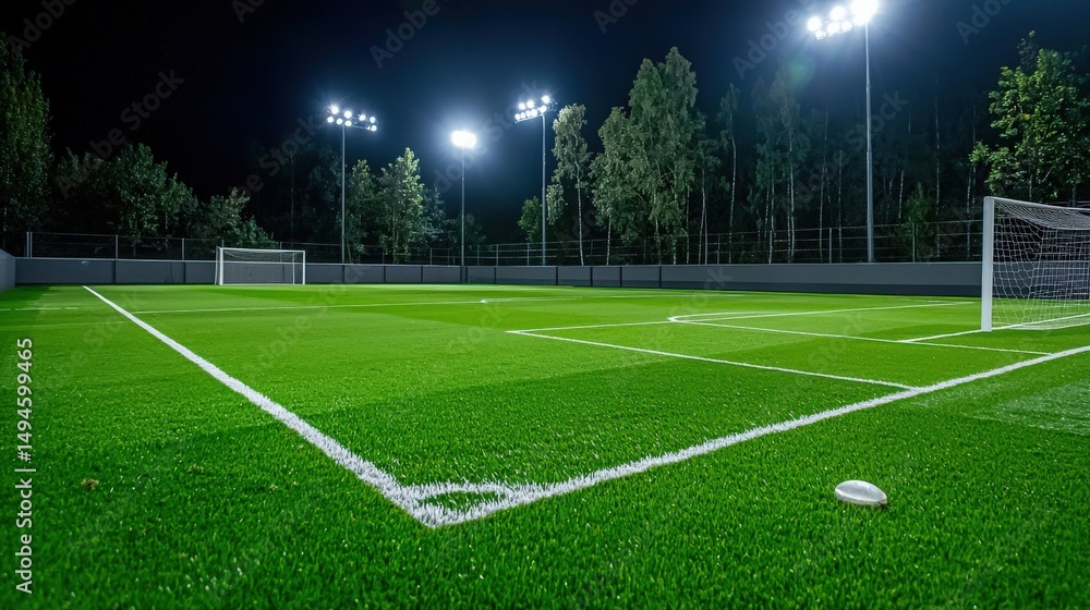 Obraz premium Illuminated by bright floodlights, a pristine green soccer field awaits players under a clear night sky at an outdoor stadium surrounded by lush trees.