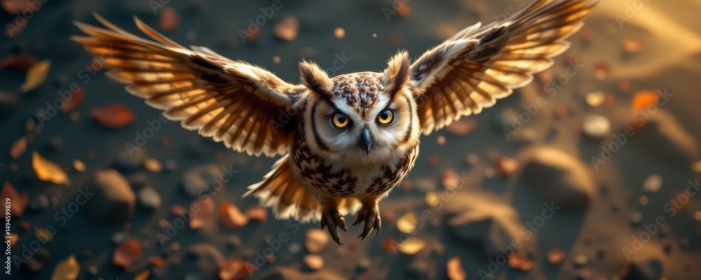 Fototapeta premium Brown and Gold Owl in Flight over Autumn Leaves