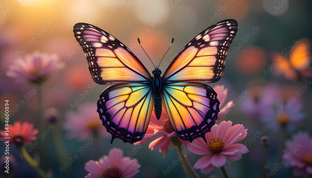 Fototapeta premium Title: Colorful Butterfly Perched on a Pink Flower with Soft-Focus Floral Background