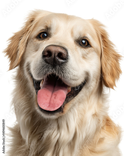Golden Retriever smiling joyfully with tongue out, showcasing friendly and playful demeanor. This happy dog exudes warmth and affection, making it perfect companion
