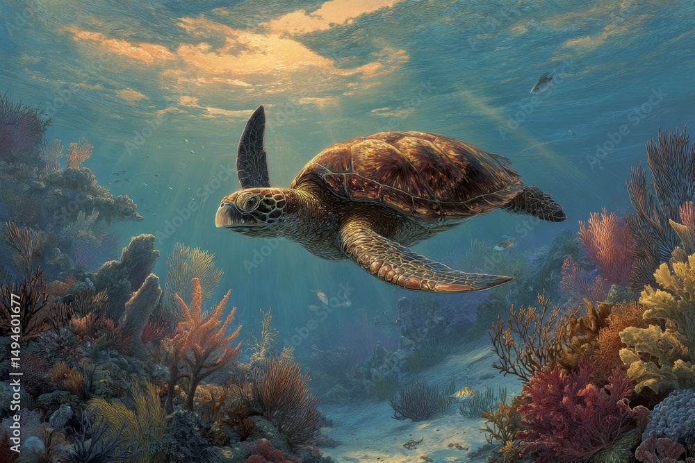 Naklejka premium Beautiful underwater scene featuring a sea turtle swimming gracefully through vibrant coral reefs and colorful marine life