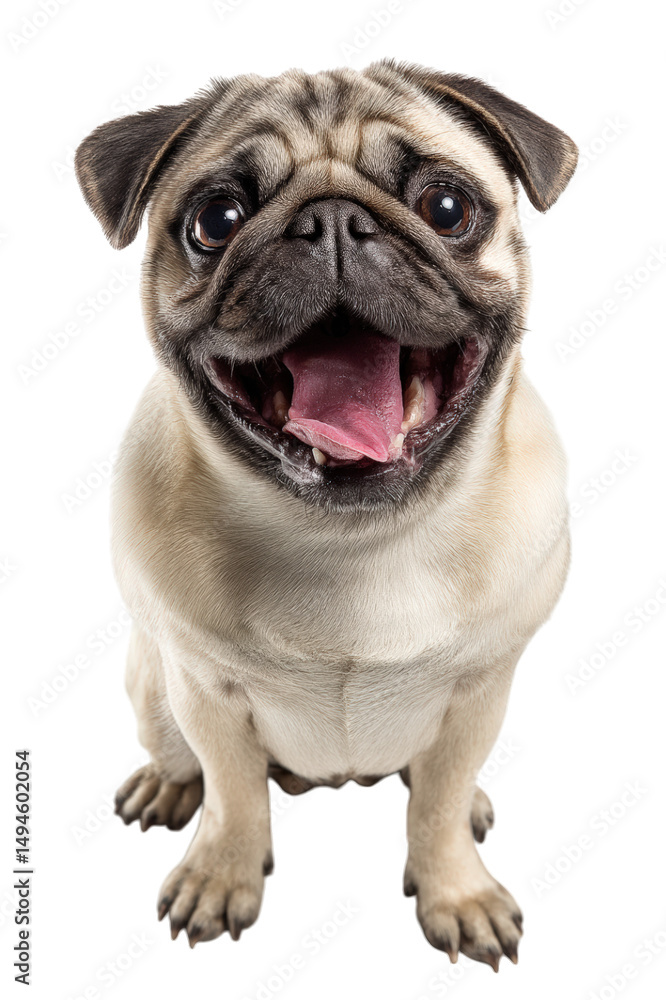 Fototapeta premium Happy pug with silly open mouth expression, showcasing its playful personality and charm. This adorable half body shot captures essence of joy and companionship in pet