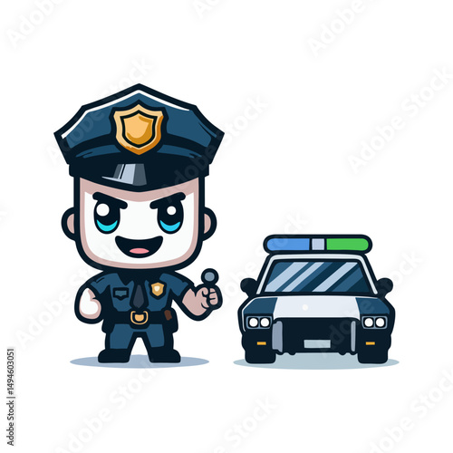 Flat Outline Vector Mascot Police Character Design Featuring Cheerful Cartoon Officer with Badge Hat and Confident Standing Pose for Security Guard Lawman Protector Constable Community Artwork