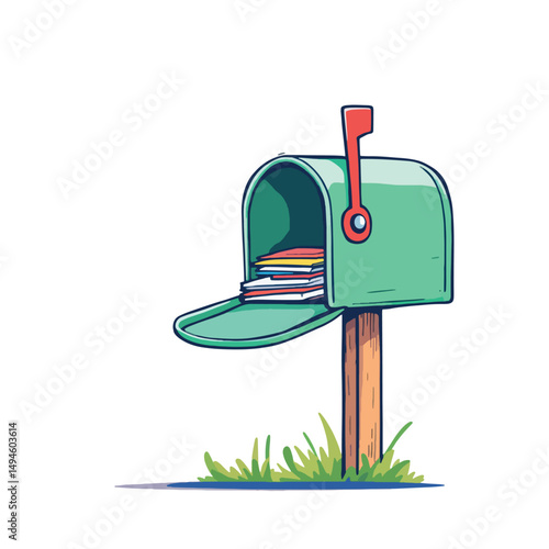 Vsai open green mailbox full of letters on white background
