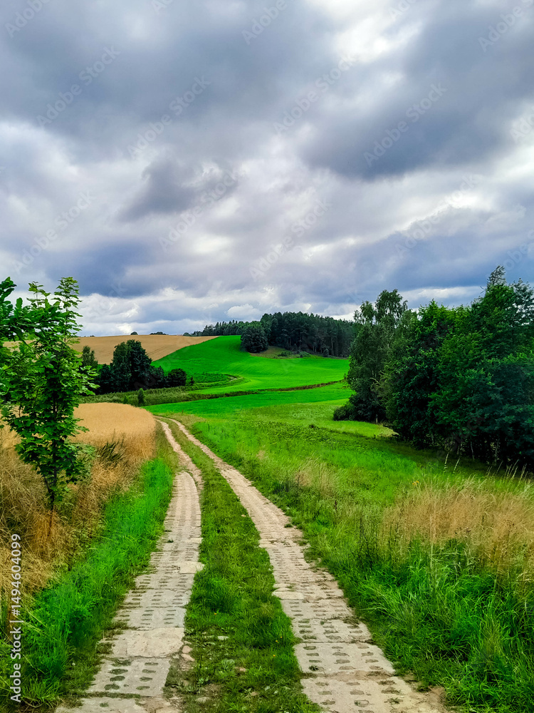 Dark clouds over meadow in Kashubia. Rainy weather coming.