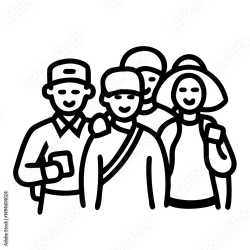 Group of tourists smiling together in a simple line art style  
