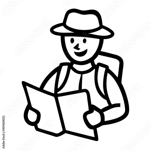 icon  traveler reading map while wearing hat and backpack  