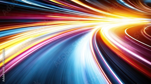 Dynamic, colorful, abstract light trails forming a swirling path.