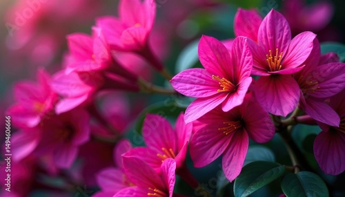 Bold fuchsia flower clusters, geometric layout , decoration, magenta, bright