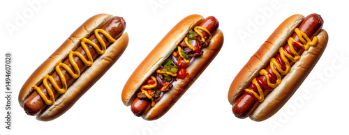 set of op view of a long hot dog in a bun with relish, onions, and mustard isolated on a transparent background	