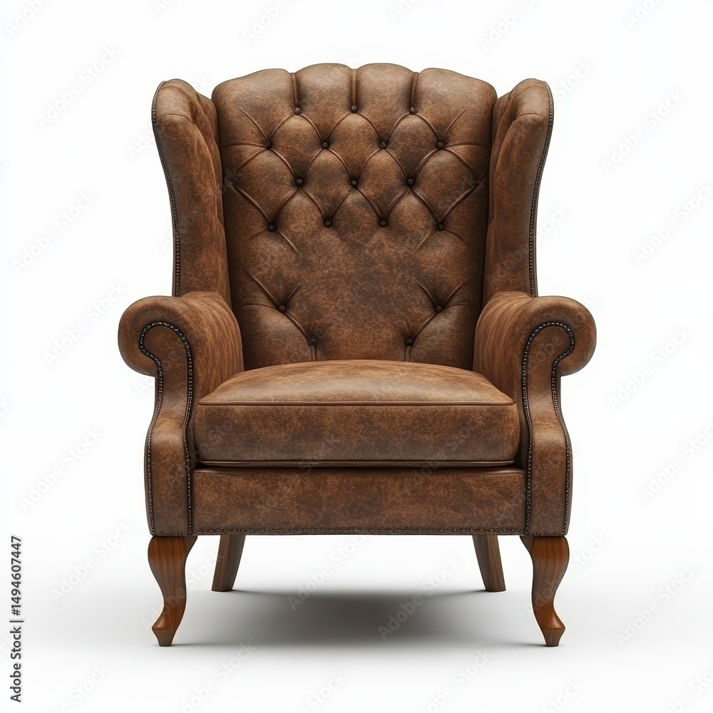 A brown leather wingback armchair with button tufting, high back, and cabriole legs, isolated on a white background A brown leather wingback armchair with button tufting, high back, and cabriole legs, isolated on a white background
