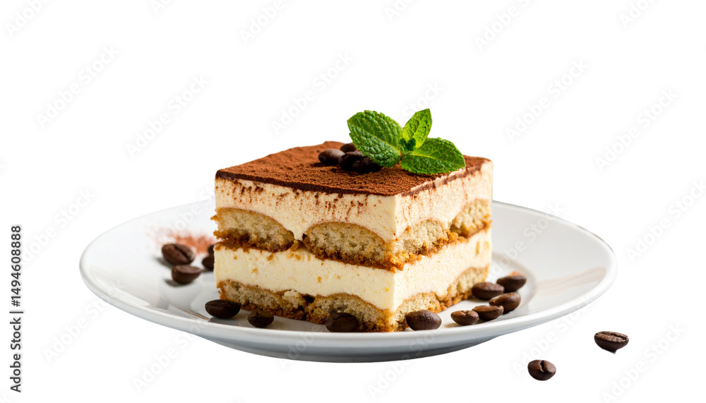 A delicious slice of brown chocolate cake with mint and white cream on a plate A delicious slice of brown chocolate cake with mint and white cream on a plate