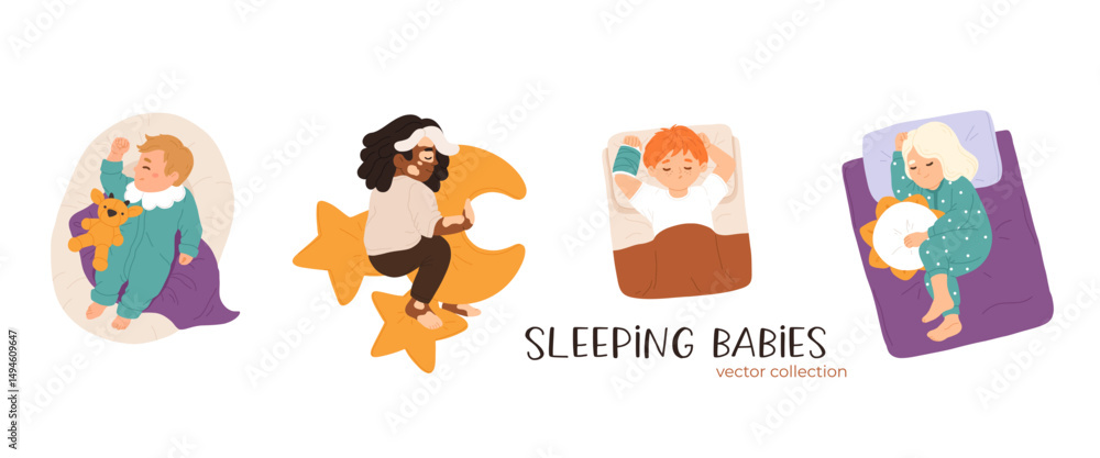 Obraz premium Sleeping babies set. Calm kids asleep, lying and dreaming at night. Cute little boys and girls, sweet children relaxing on pillows. Flat cartoon vector illustrations isolated on white background