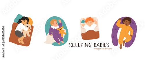 Sleeping babies set. Calm kids asleep, lying and dreaming at night. Cute little boys and girls, sweet children relaxing on pillows. Flat cartoon vector illustrations isolated on white background