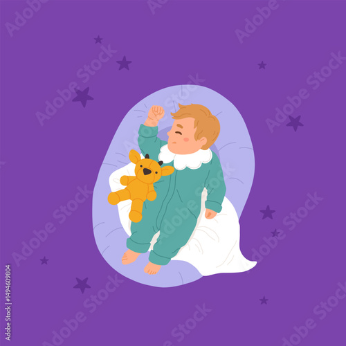 Sleeping babies set. Calm kids asleep, lying and dreaming at night. Cute little boys and girls, sweet children relaxing on pillows. Flat cartoon vector illustrations isolated on white background