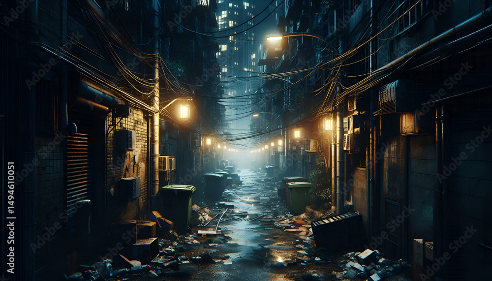 Obraz premium A dilapidated urban alley at night, with broken lights and trash, evoking a sense of danger and hopeless decay.