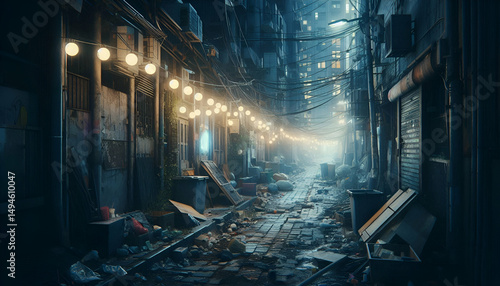 A dilapidated urban alley at night, with broken lights and trash, evoking a sense of danger and hopeless decay.