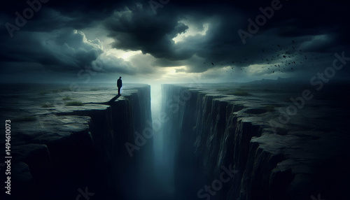 A lone figure standing at the edge of a dark, endless chasm under a stormy sky, symbolizing emotional despair and isolation.