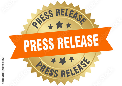 press release. press release round orange and gold label isolated on transparent background