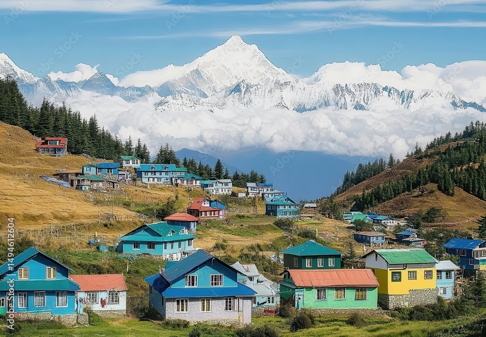 Fototapeta premium Colorful Houses on Mountainside with Snowy Peaks