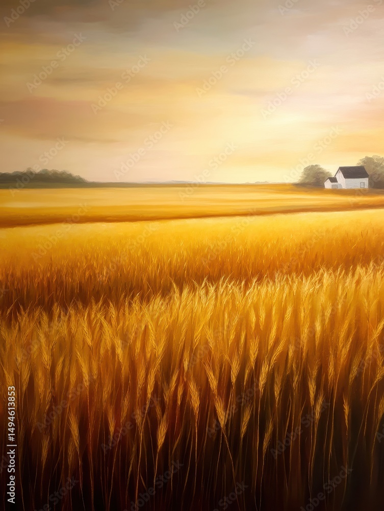 Obraz premium Golden wheat field under a warm sunset with a distant farmhouse and serene landscape