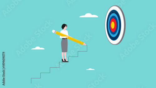 business progression, strategies for building a successful and growing business, business goal or future succeed, businesswoman use pencil to draw stair step to reach business goal with target board