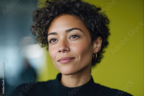 portrait of diverse individual in vibrant green office evoking sustainability and modern design