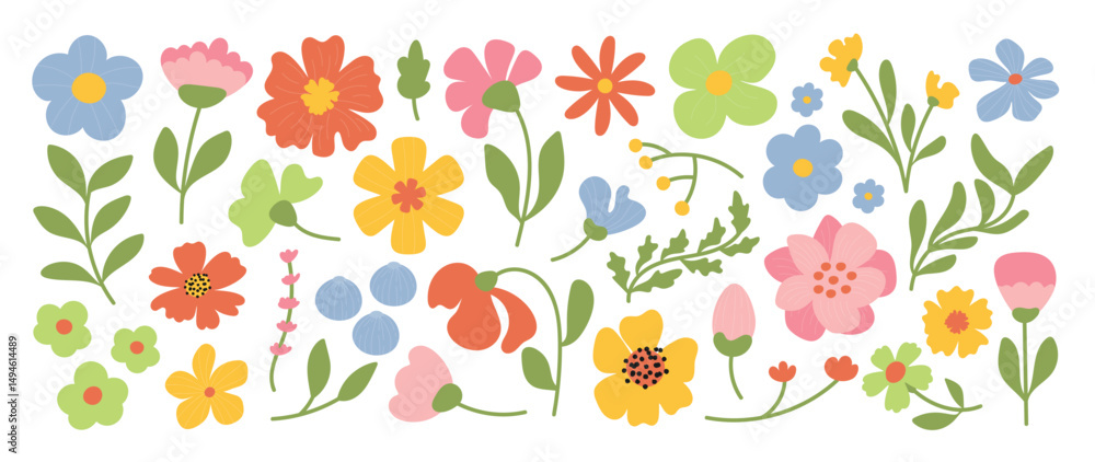 custom made wallpaper toronto digitalCollection of spring colorful flower elements vector. Set floral of wildflower, leaf branch, foliage on white background. Hand drawn blossom illustration for decor, easter, thanksgiving, clipart.