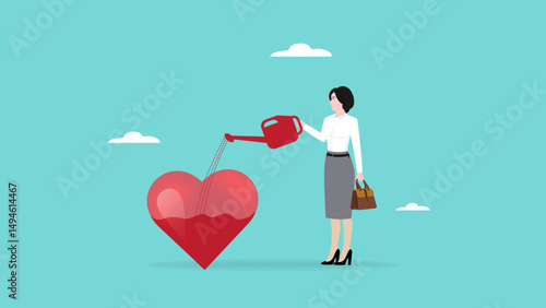 work passion, mindset or attitude to work according to our talents and interests, Businesswoman pouring water to fill heart shaped metaphor of passion vector Illustration