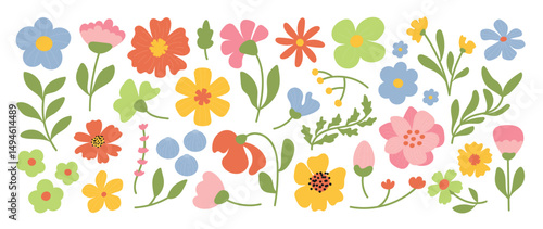 Wallpaper Mural Collection of spring colorful flower elements vector. Set floral of wildflower, leaf branch, foliage on white background. Hand drawn blossom illustration for decor, easter, thanksgiving, clipart. Torontodigital.ca