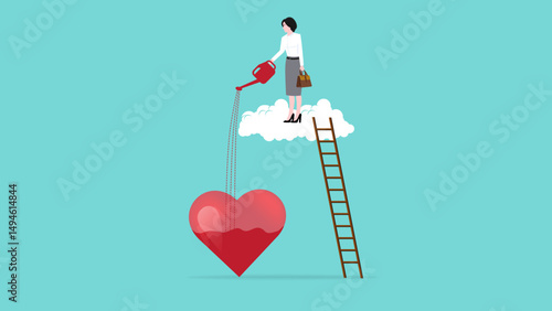 work passion, mindset or attitude to work according to our talents and interests, Businesswoman pouring water to fill heart shaped metaphor of passion vector Illustration