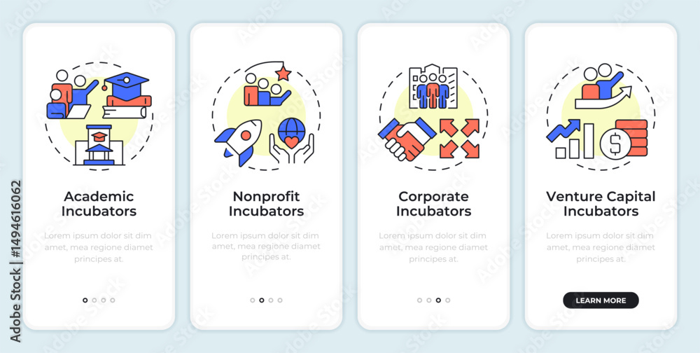Obraz premium Startup incubators onboarding mobile app screen. Academic, nonprofit. Walkthrough 4 steps editable graphic instructions with linear concepts. UI, UX, GUI. Montserrat SemiBold, Regular fonts used