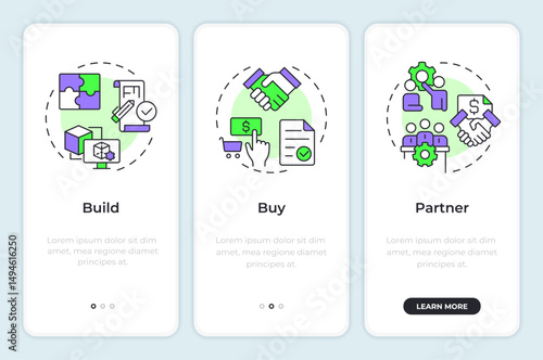 Business framework onboarding mobile app screen. Product development. Walkthrough 3 steps editable graphic instructions with linear concepts. UI, UX, GUI. Montserrat SemiBold, Regular fonts used