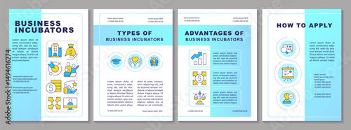Business incubators benefits brochure layout. Funding money. Research, statistics. Leaflet advertising design with color line icons. Editable 4 pages. Arial-Black, Myriad Pro-Regular fonts used