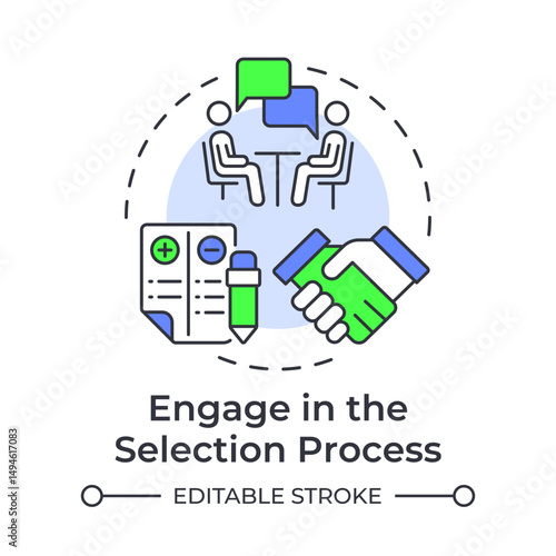 Engage in the selection process multi color concept icon. Recruitment, interview. Agreement, negotiation. Round shape line illustration. Abstract idea. Graphic design. Easy to use in infographic