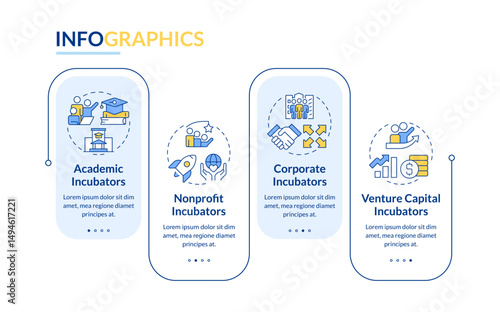 Startup incubators categories rectangle infographic vector. Teamwork organization, venture capital. Data visualization with 4 steps. Editable rectangular options chart. Lato-Bold, Regular fonts used